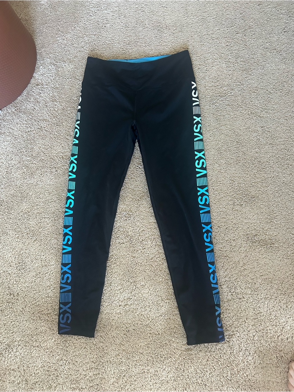 VSX Black Leggings with Teal Side Logo Stripe